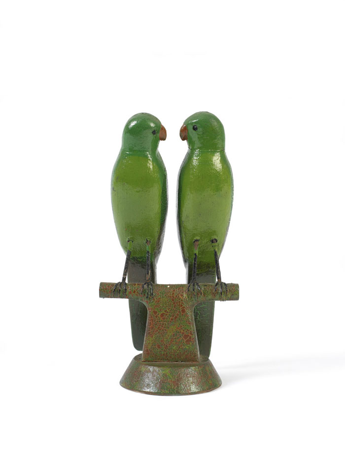 Appraisal: PAIR OF AMERICAN CARVED AND PAINTED FACING PARROTS ON PERCH