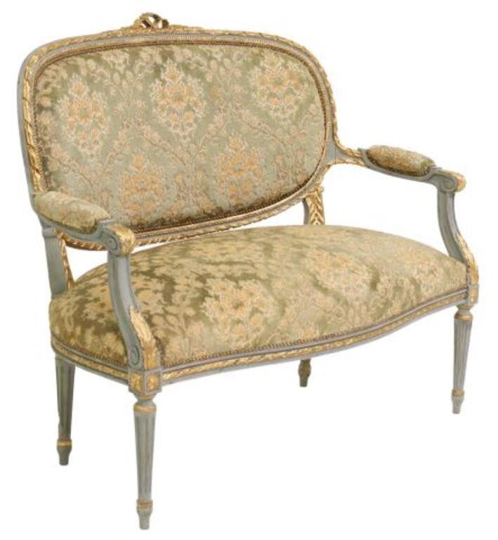 Appraisal: French Louis XVI style parcel gilt and painted salon settee