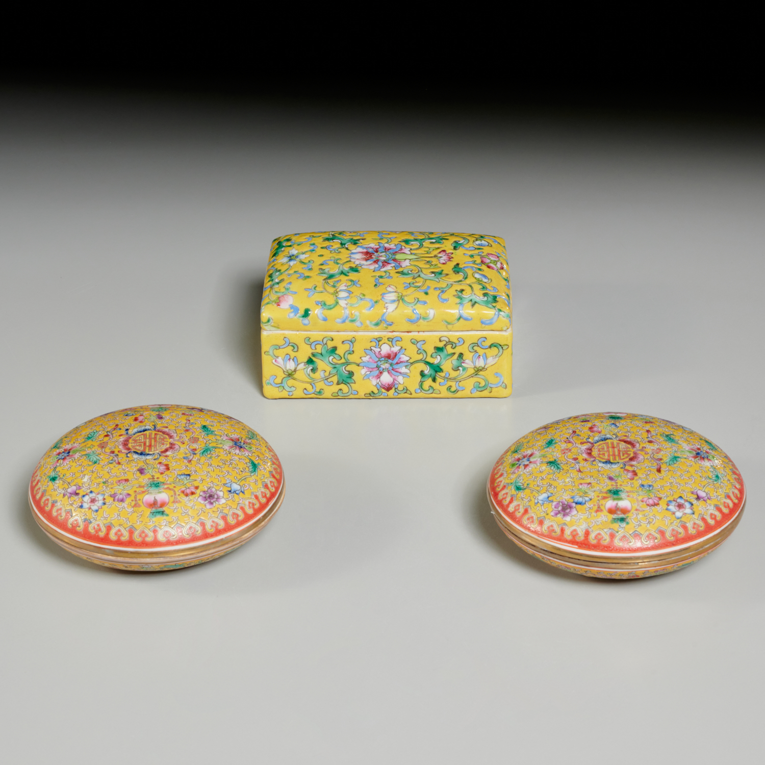 Appraisal: CHINESE FAMILLE JAUNE PORCELAIN BOXES th th c incl a