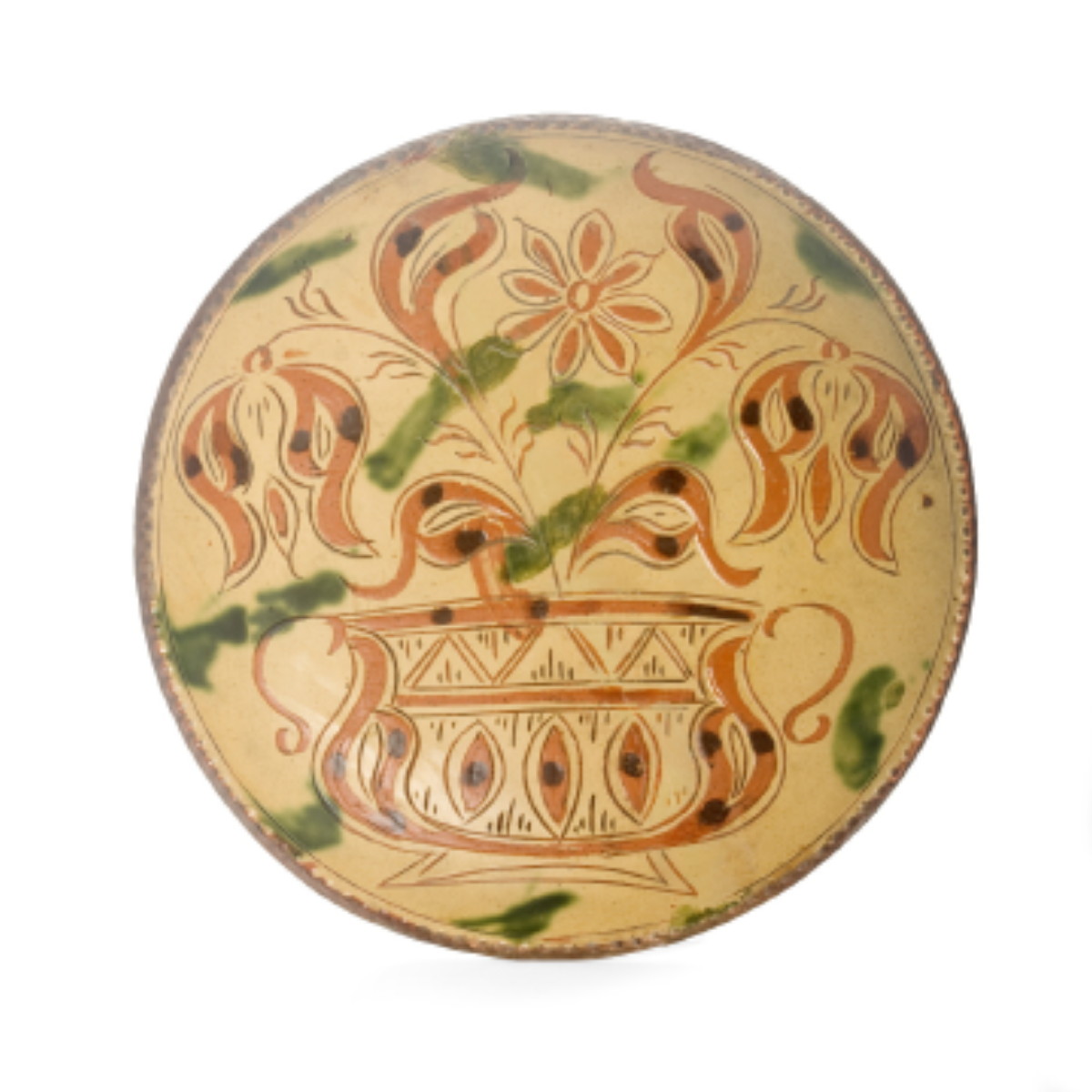 Appraisal: FINE PENNSYLVANIA SGRAFFITO AND SLIP-DECORATED REDWARE DISH EARLY NINETEENTH CENTURY