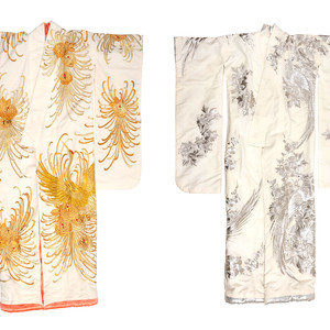 Appraisal: Two Embroidered Silk Robes Furisode TH CENTURY eack worked with