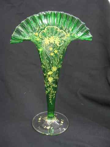 Appraisal: Victorian Enameled Emerald Glass Vase fan rim '' excellent