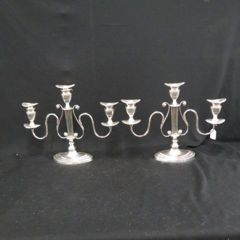 Appraisal: Pair of Barker-Ellis Silverplate Candelabra Lyre design triple sconce silver