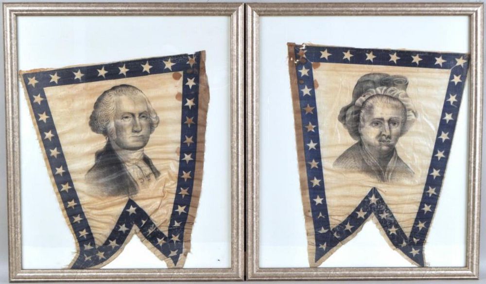 Appraisal: Pair Framed Banners George Martha Washington double pennant form with