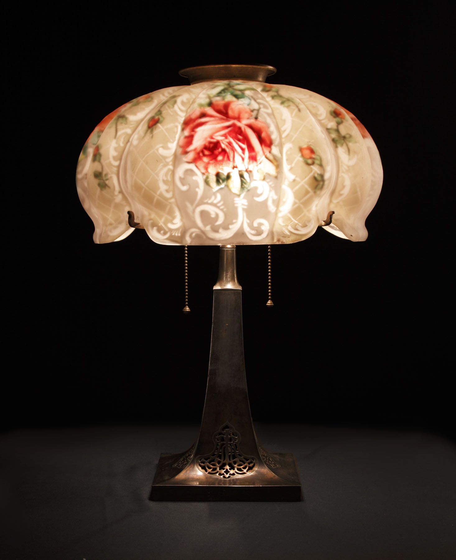 Appraisal: Pairpoint Reverse Painted Rose Lamp Shade signed The Pairpoint Corp