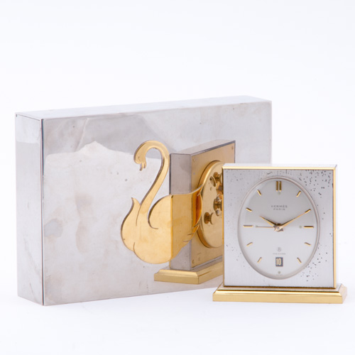 Appraisal: HERMES Traveling clock in suede case together with a silver