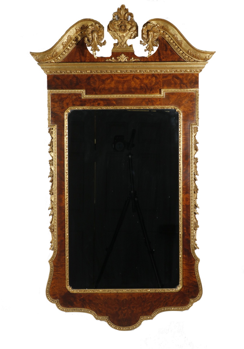 Appraisal: ITALIAN REPLICA CHIPPENDALE LOOKING GLASS Burl Mahogany and gilt carved