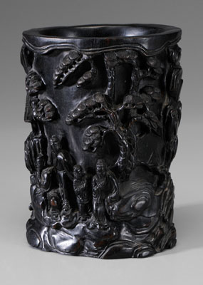 Appraisal: Hardwood Brush Pot Chinese th or th century heavy dark