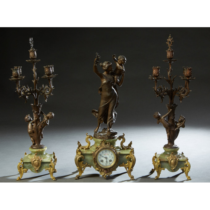 Appraisal: Three Piece Patinated Spelter and Green Onyx Figural Clock Set