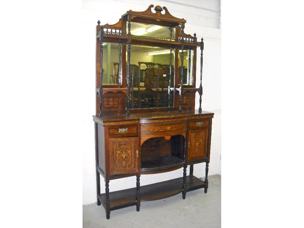 Appraisal: Edwardian rosewood inlaid mirror back sideboard with bevelled glass plates