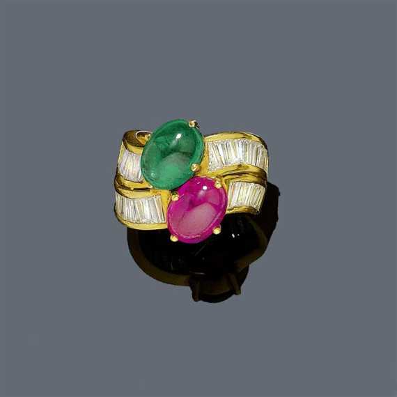 Appraisal: EMERALD RUBY AND DIAMOND RING Yellow gold Fancy band ring