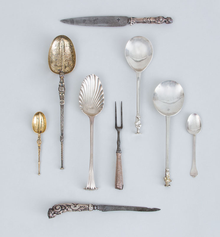 Appraisal: GROUP OF EARLY ENGLISH AND BAROQUE STYLE SILVER FLATWARE ARTICLES