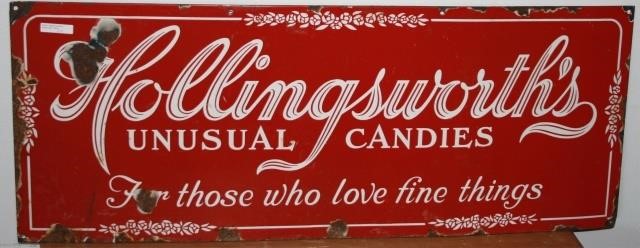 Appraisal: VINTAGE OLD HOLLINGSWORTH S UNUSUAL CANDIESEMBOSSED PORCELAIN ENAMEL ADVERTISING SIGN