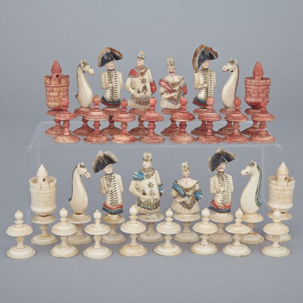 Appraisal: French Carved and Polychromed Bone Figural Chess Set Dieppe c