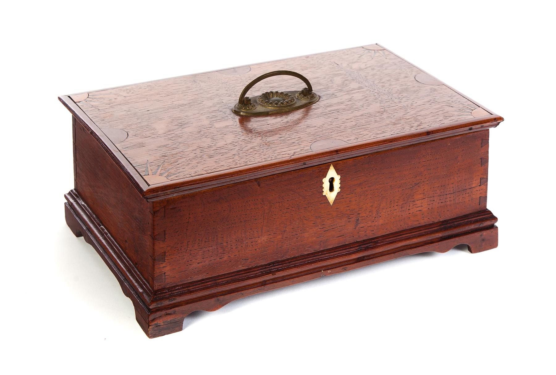 Appraisal: EUROPEAN SEWING BOX Nineteenth century oak Nicely inlayed on lift