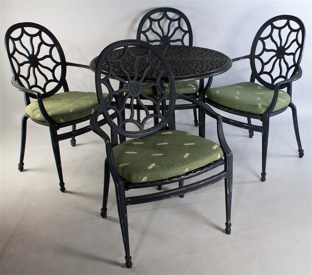 Appraisal: ROUND WROUGHT IRON TABLE AND FOUR MATCHING MEDALLION BACK CHAIRS