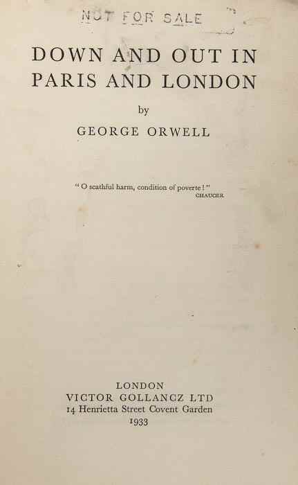 Appraisal: Orwell George Down and Out in Paris and London uncorrected