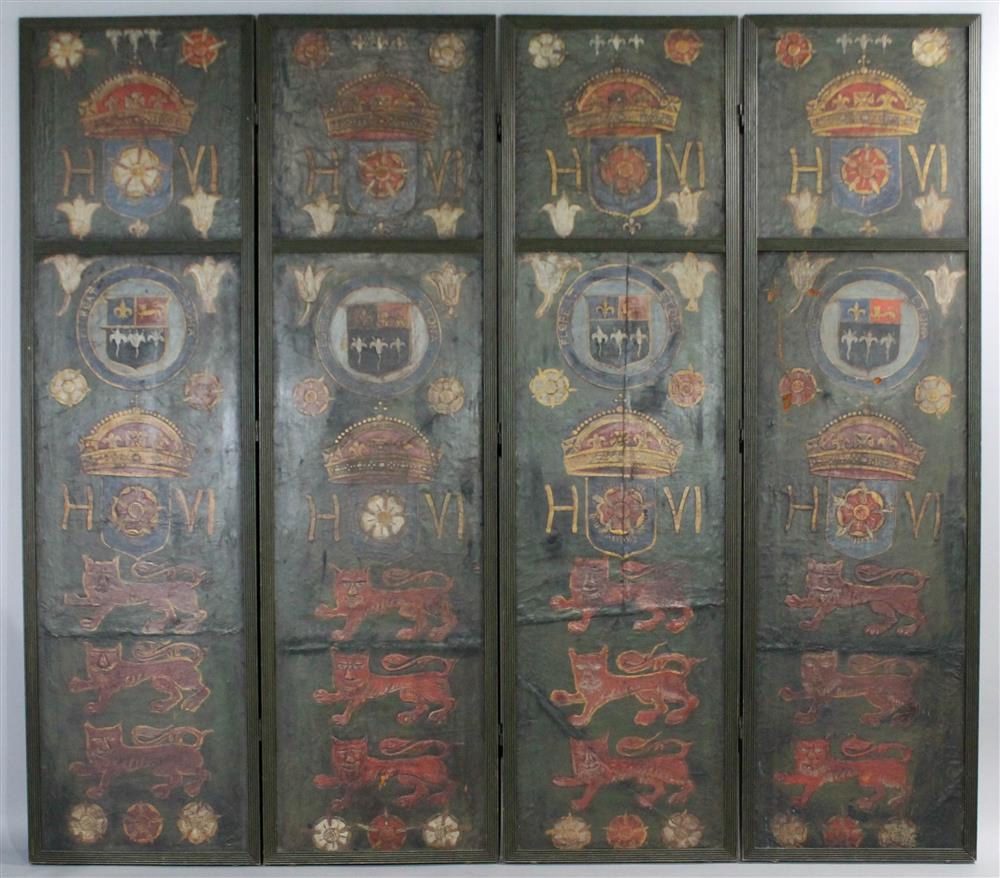 Appraisal: ENGLISH ETONIAN PARCEL-GILT AND POLYCHROME-DECORATED EMBOSSED LEATHER FOUR-PANEL FLOOR SCREEN