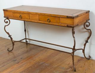 Appraisal: Two drawer console table mounted on an iron base measures