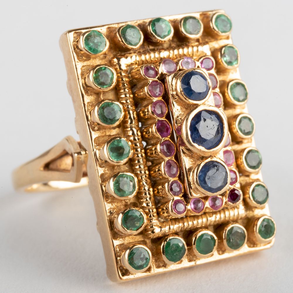 Appraisal: Ilias Lalaounis k Gold Sapphire Ruby and Emerald Ring Ilias