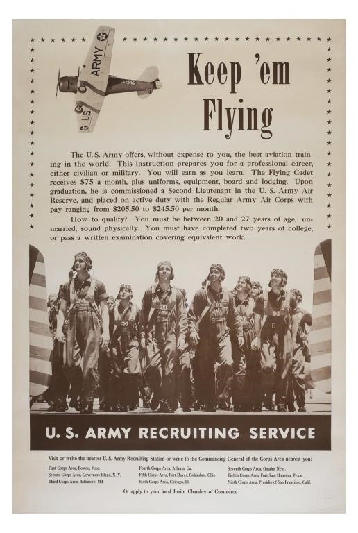 Appraisal: U S Army Air Corps recruitment poster WWII Keep 'Em