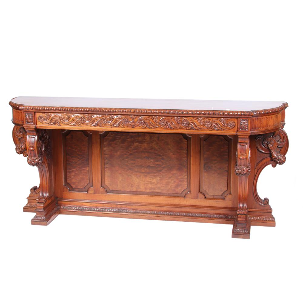 Appraisal: CONTINENTAL BAROQUE REVIVAL PALACE SIZE CARVED WALNUT SIDEBOARD CONSOLE TABLE