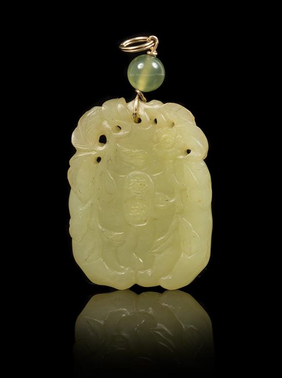 Appraisal: Sale Lot A Yellow Jade Pendant the plaque of a