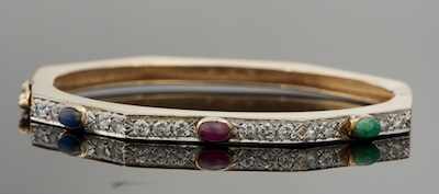 Appraisal: A Ladies' Diamond and Gemstone Cabochon Bangle Bracelet k yellow