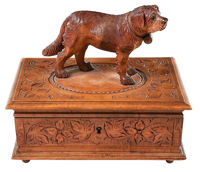 Appraisal: Black Forest Carved St Bernard Mounted Box Continental early th