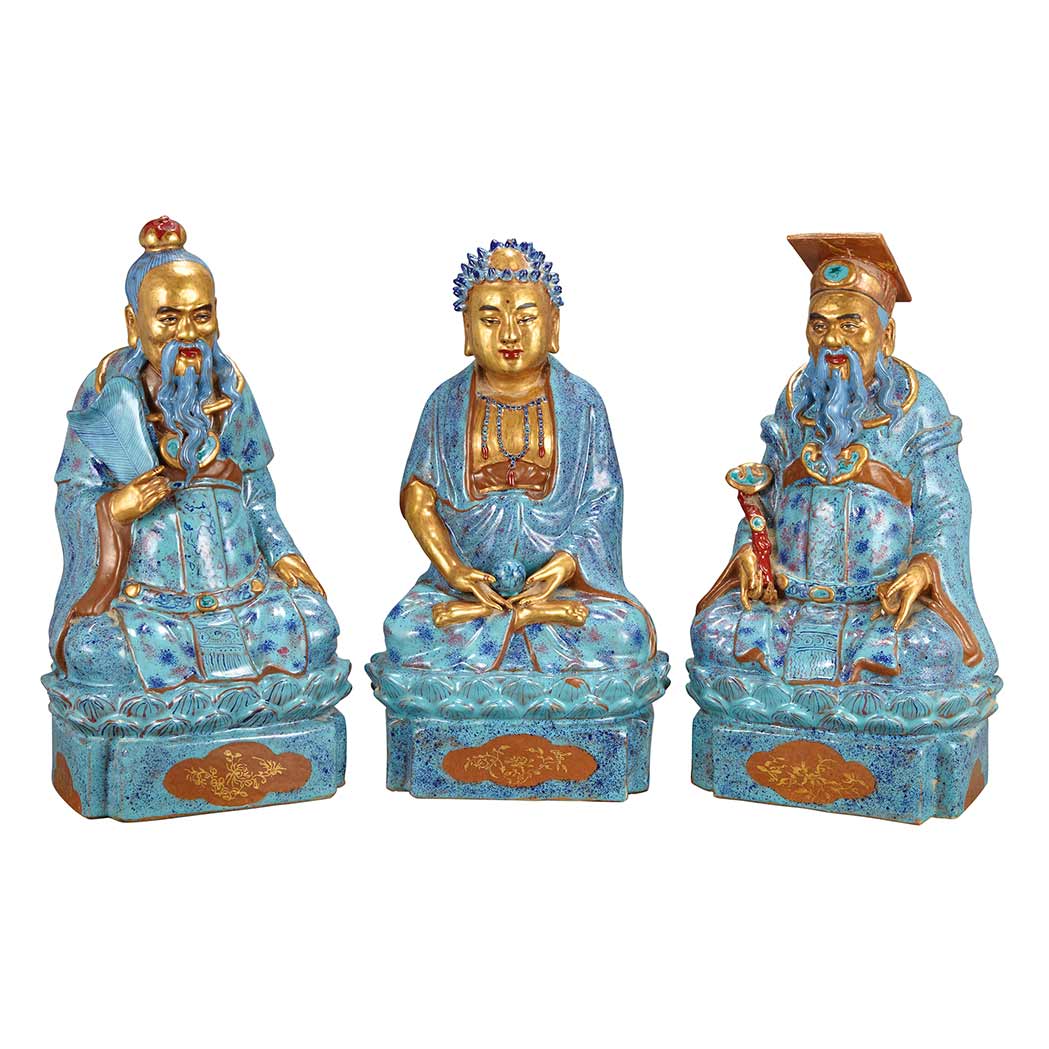 Appraisal: Three Robin's-Egg Blue and Gilt Buddhist Figures th Century Comprising