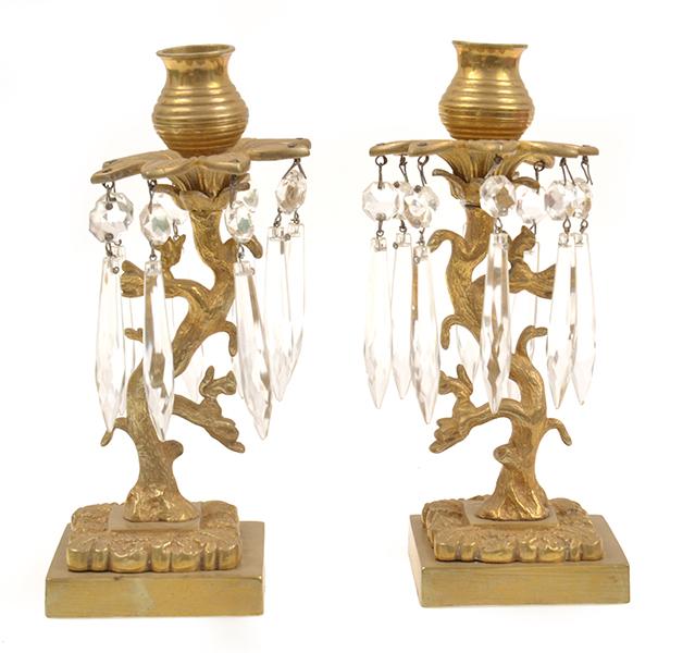 Appraisal: A PAIR OF TH CENTURY ORMOLOU CANDLESTICKS WITH LUSTRE DROPS