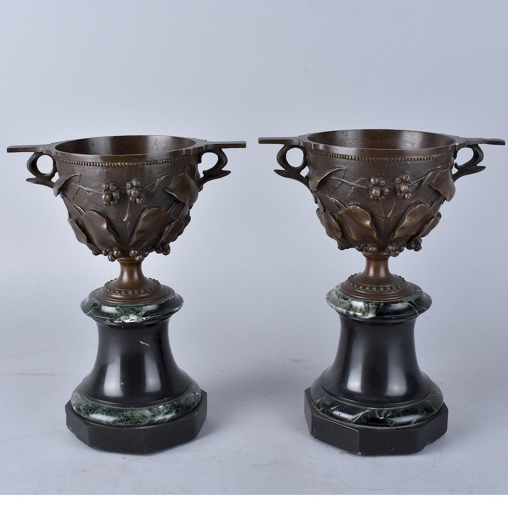 Appraisal: Pair Bronze Coupes Pair Bronze Coupes on Marble Bases Unsigned