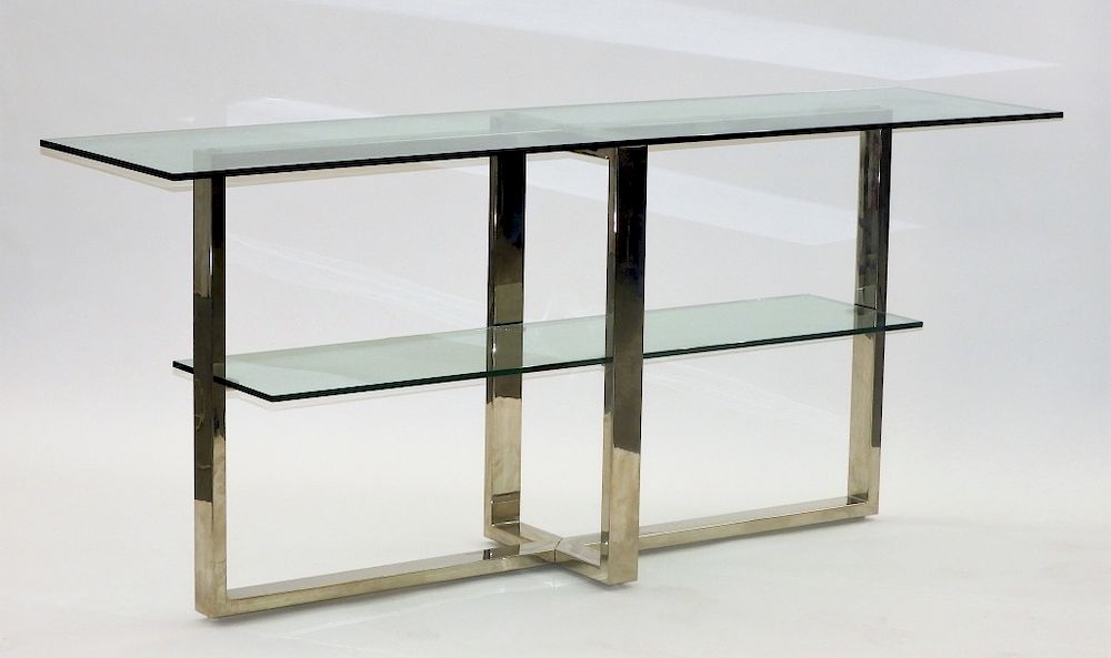 Appraisal: Williams-Sonoma Chrome Glass Sofa Console Table Contemporary Minimalist rectangular tubular