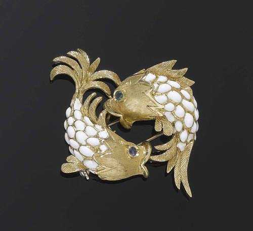 Appraisal: GOLD AND ENAMEL BROOCH Yellow gold Highly decorative brooch of