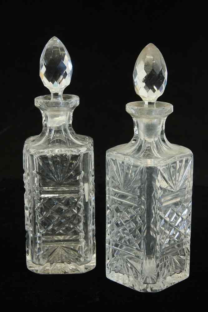 Appraisal: PAIR CRYSTAL DECANTERS - Pair of Square Pressed Crystal Decanters