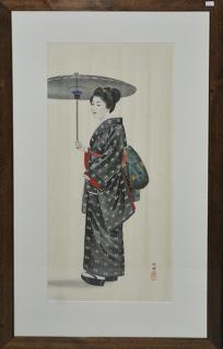 Appraisal: Signed Japanese watercolor on silk elegant female figure with parasol