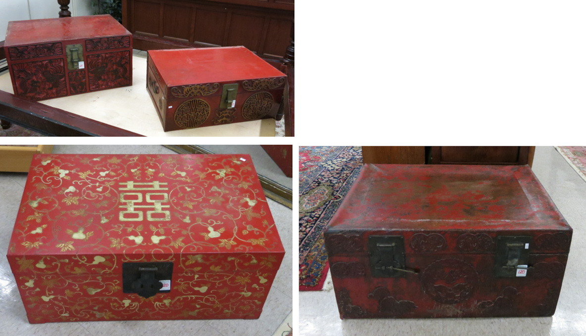 Appraisal: FOUR CHINESE RED TRAVEL TRUNKS including three of leaver construction