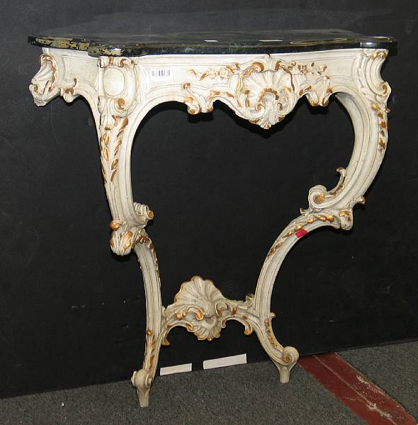 Appraisal: A Rococo style painted and parcel gilt console table modern