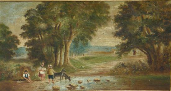 Appraisal: th century oil on canvas landscape scene with figures and