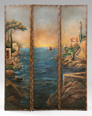 Appraisal: Three-panel room screen Mediterranean scene city along coastline ships in