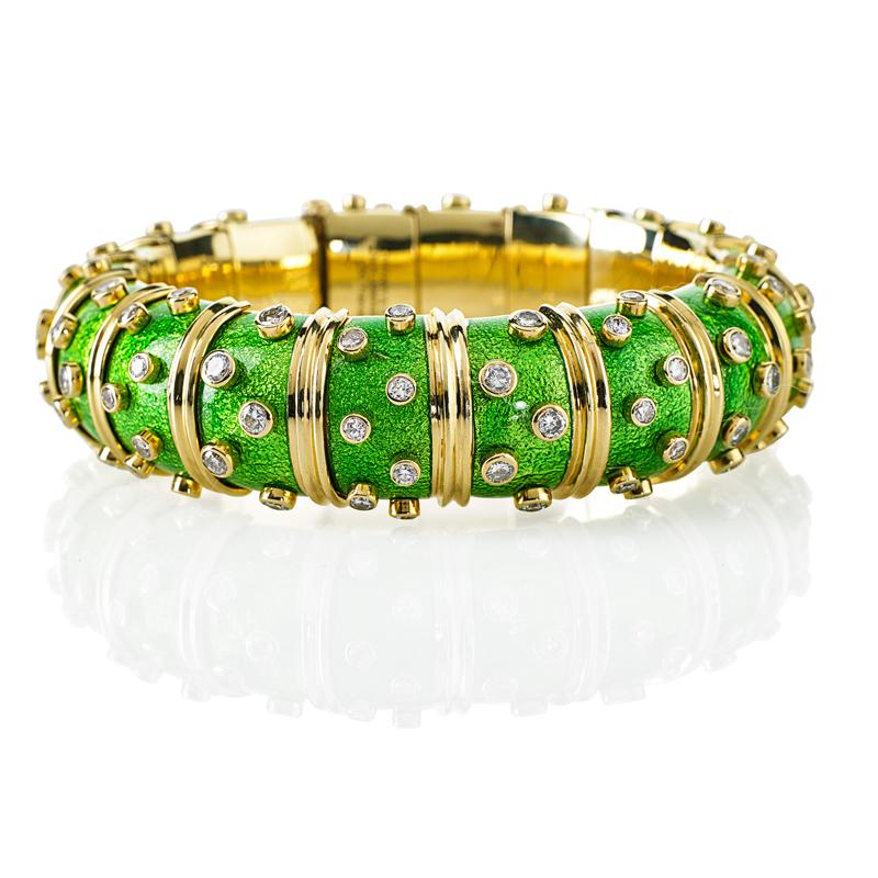 Appraisal: TIFFANY SCHLUMBERGER ENAMELED GOLD DIAMOND BRACELET Bright lime green Paillonn