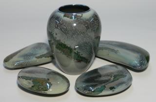 Appraisal: William Morris glass vessel and stepping stones William Morris American