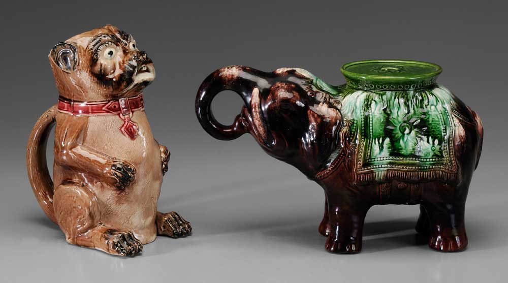 Appraisal: Majolica Plant Stand Pug Pitcher British or Continental early th