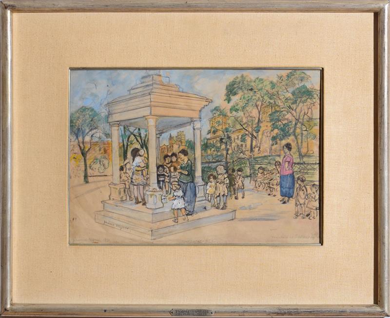 Appraisal: JEROME MYERS - FOUNTAIN TOMPKINS SQUARE Pencil pastel and gouache