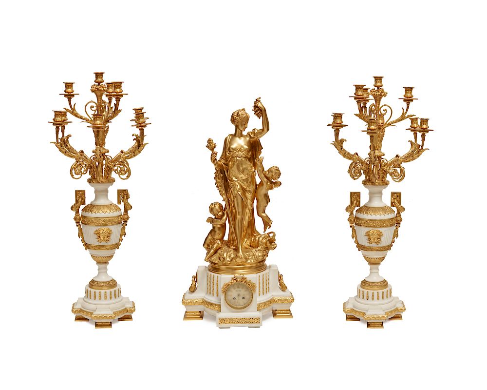 Appraisal: Impressive JULES GRAUX Gilt Bronze and Marble Three Piece Garniture