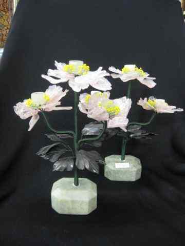 Appraisal: Pair of Carved Jade Rose Quartzcandleholders '' triple sconce