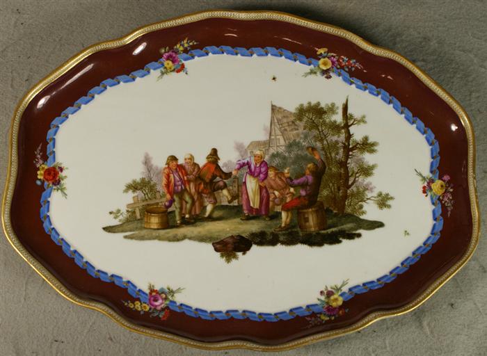 Appraisal: Oval scalloped Meissen tray Village Dancing scene after Teniers th