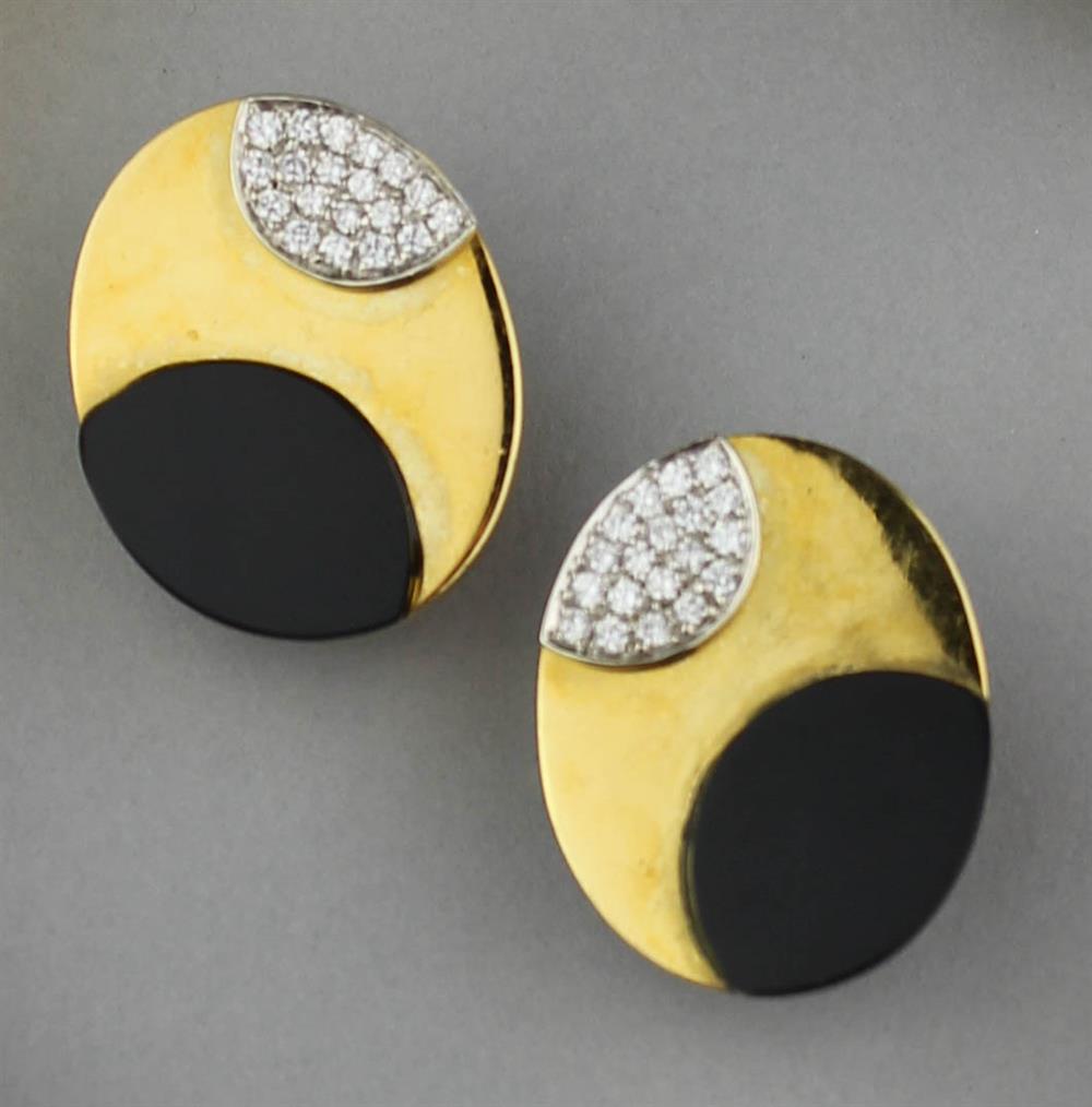 Appraisal: K ITALIAN YELLOW GOLD EARRINGS INLAID WITH DIAMONDS AND ONYX