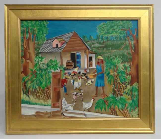 Appraisal: Painting oil on masonite Haitian farm scene signed ''A Saturne''