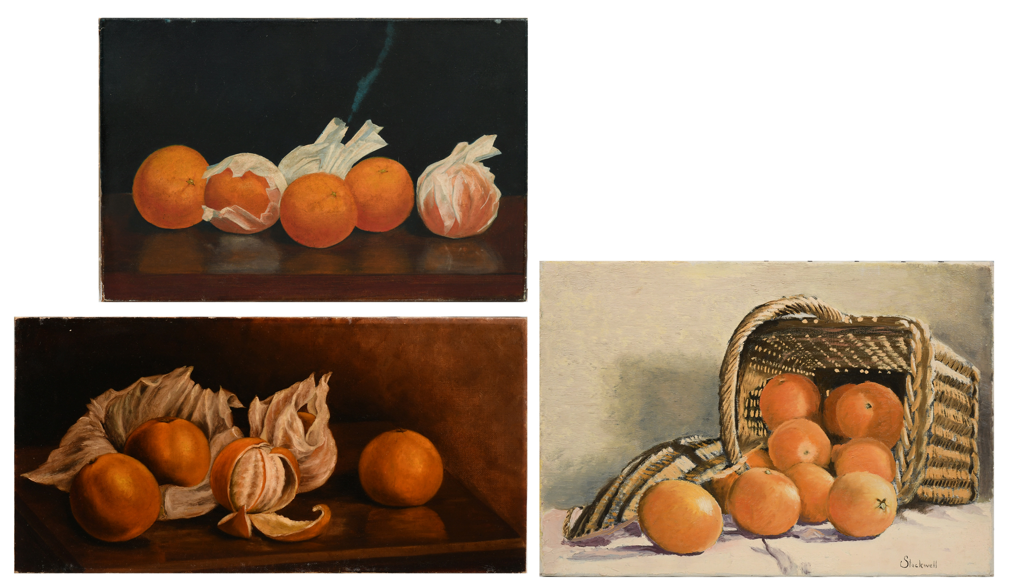 Appraisal: THREE EARLY FLORIDA STILL LIFE PAINTINGS OF ORANGES Oranges and